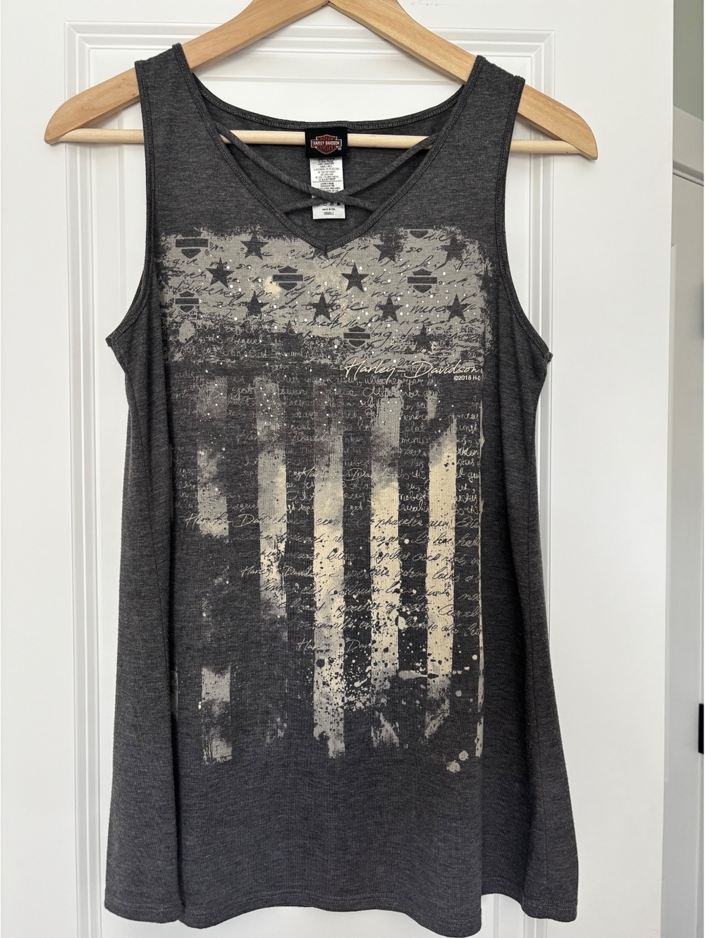 Harley-Davidson Women's Distressed American Flag Criss-Cross Tank Top small